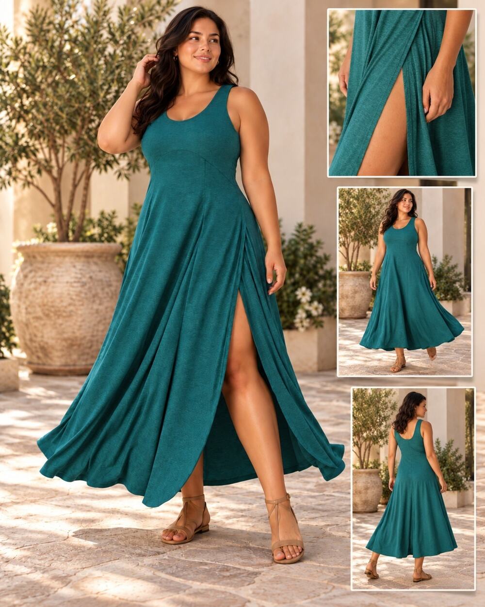 Halara U Neck Backless Split Flowy Maxi Tank Dress Dark Green XL NWOT